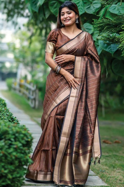 Tussar soie tissage sari marron avec chemisier