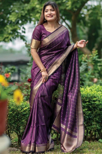 Saree Purple Tussar soie avec tissage