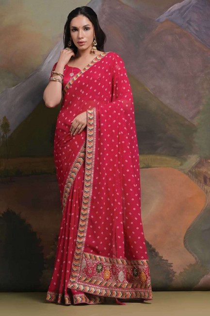 sari georgette avec paillettes, imprimé, bordure en dentelle rose