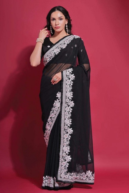 fil noir, sari brodé en georgette