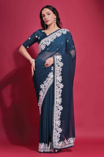 fil, brodé georgette sari en bleu sarcelle
