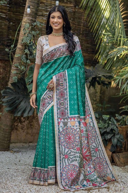 Saree en soie Rama Tussar avec imprimé