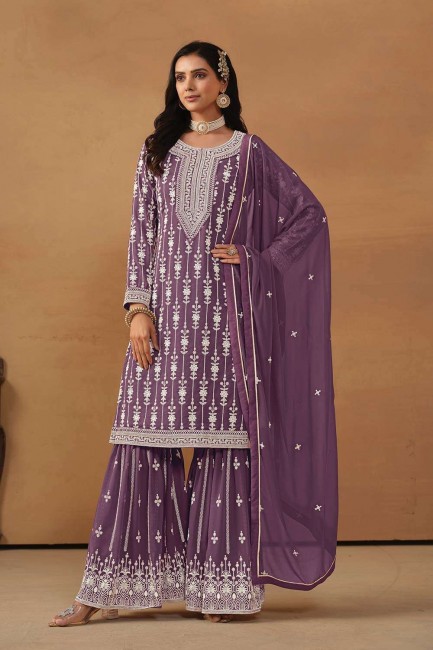 Costume sharara violet en fausse georgette avec broderie