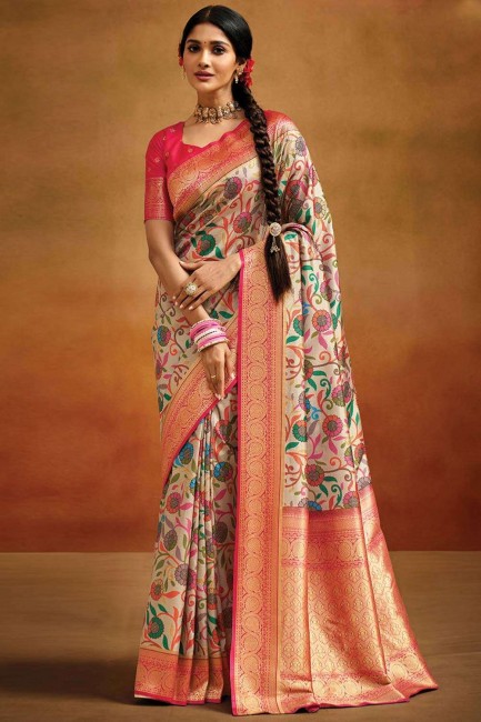Imprimé numérique sari en soie beige Banarasi