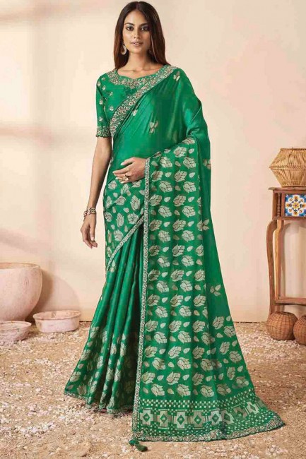 Sari en soie Bhagalpuri imprimé en vert