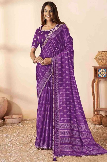 Saree violet brodé en soie Bhagalpuri avec chemisier
