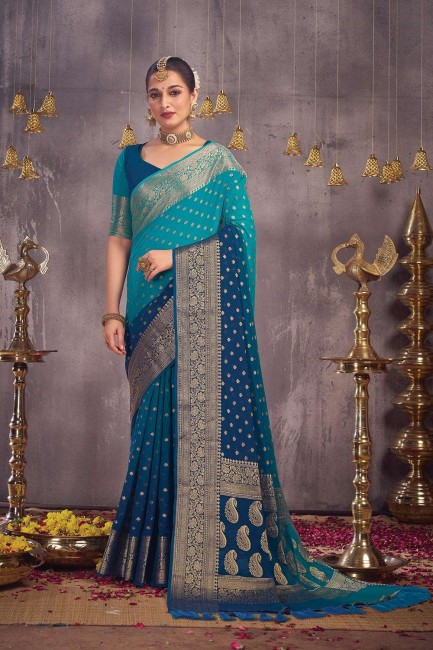 sari bleu avec georgette tissée