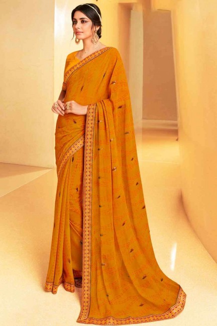 sari georgette en dentelle jaune avec chemisier
