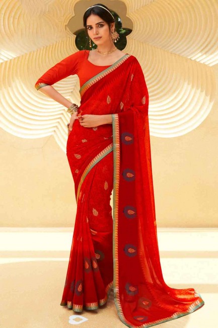 sari rouge en dentelle georgette avec chemisier
