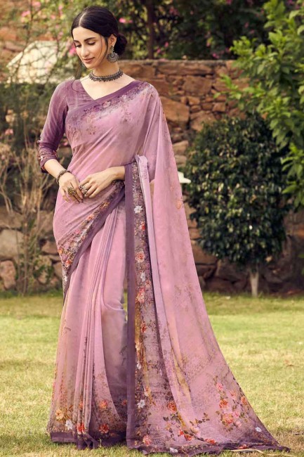 georgette sari with print in purple