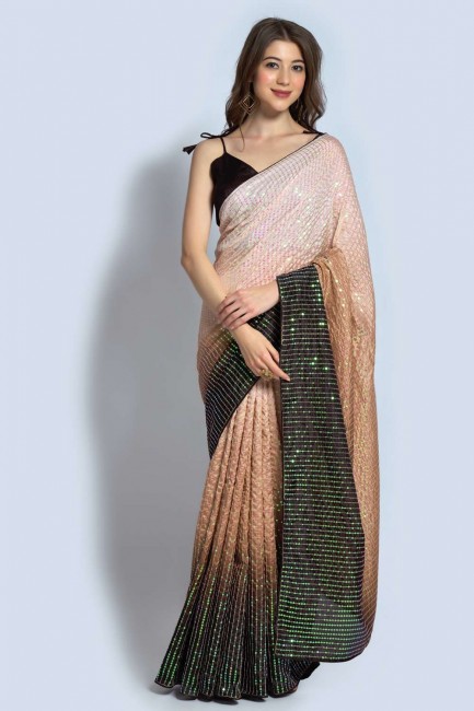 georgette sari en marron avec brodé