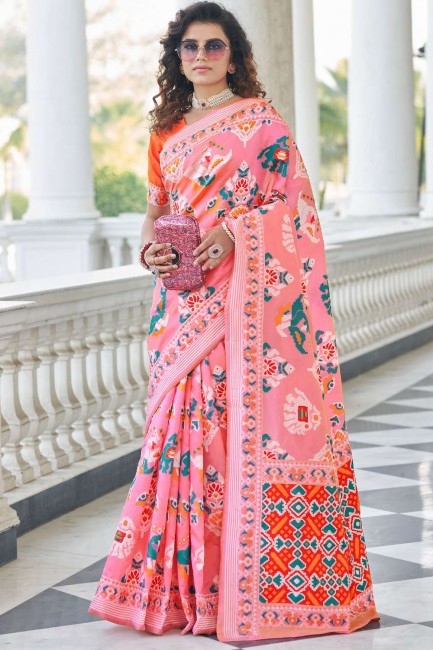 patola sari en soie avec tissage en rose
