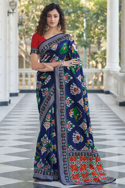 sari bleu patola en soie avec tissage