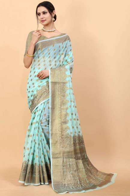 zari sari en coton bleu