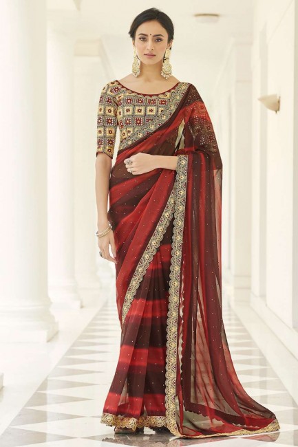 fil de soie d'art, sari rouge brodé avec chemisier