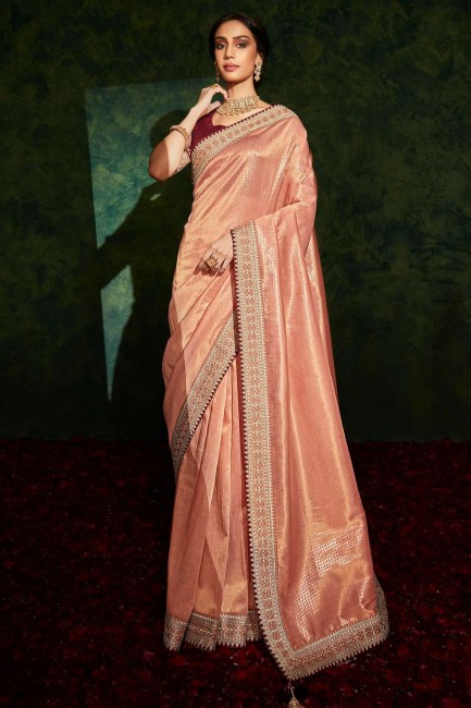 sari mauve en soie brodé avec chemisier