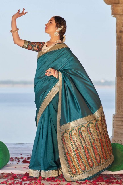 saris banarasi turquoise en soie banarasi avec tissage