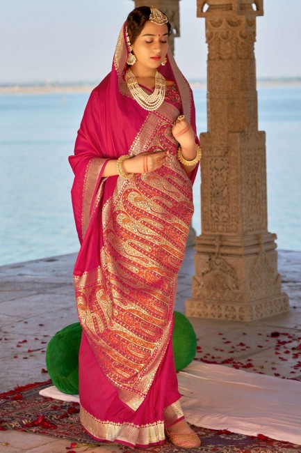 sari banarasi rose avec tissage de soie banarasi