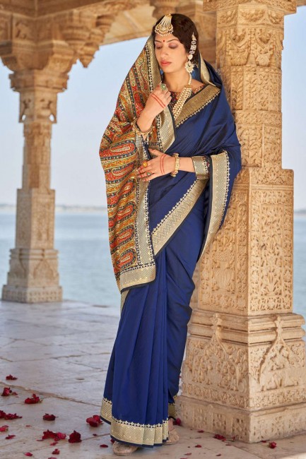 tissage banarasi soie banarasi sari en bleu