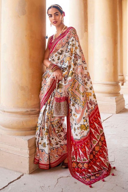 imprimé, tissage patola soie sari blanc avec chemisier