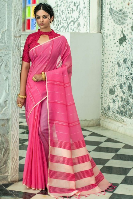 saris de lin avec uni en rose