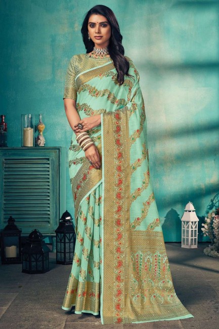 saris bleu en coton avec tissage