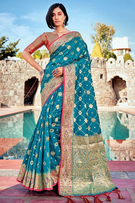bleu ciel zari banarasi soie banarasi sari