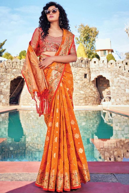 zari orange banarasi soie banarasi sari