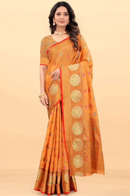 sari en coton tissage orange