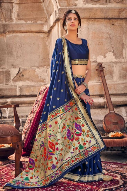 sari banarasi en soie banarasi avec tissage en bleu