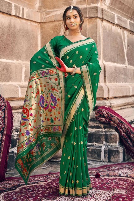 banarasi soie vert banarasi sari en tissage