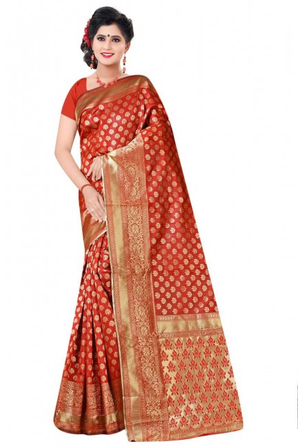 sari banarasi en soie d'art avec tissage en rouge