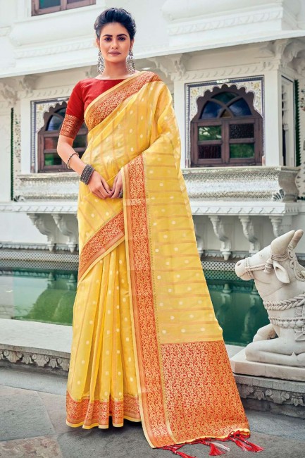 sari jaune avec tissage, organza à impression numérique