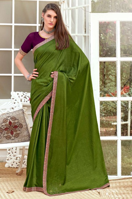 saris de soie en mehndi avec bordure en dentelle