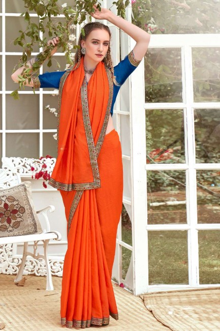 bordure de dentelle de soie orange saris avec chemisier