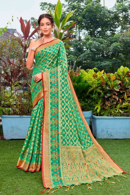 saris de coton et de soie avec tissage en vert