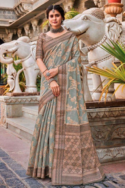 zari sari in grey silk