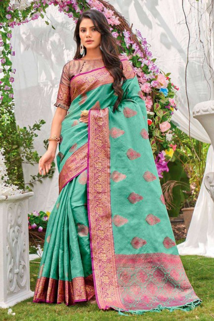 sari en organza avec zari, tissage en vert d'eau