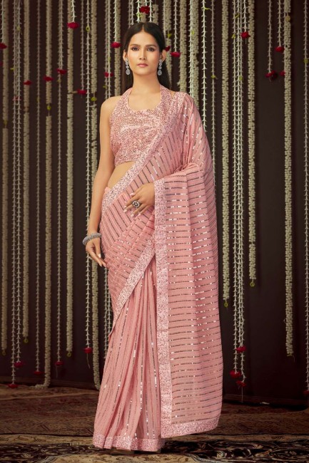 fil, saris de soie d’art brodé en rose bébé avec chemisier