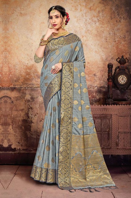 zari en soie,tissage sari gris avec chemisier