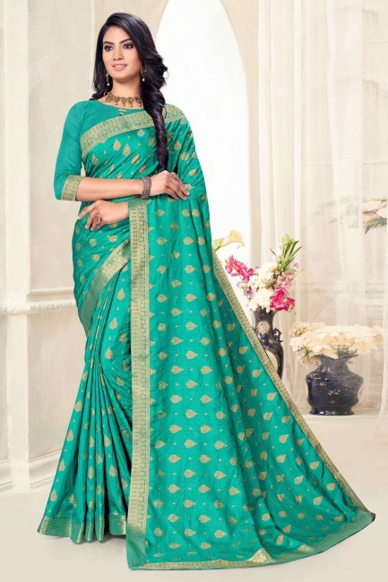 saris vert turquoise avec soie imprimée