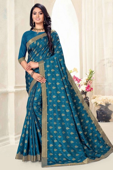 sari bleu sarcelle en soie imprimée avec chemisier