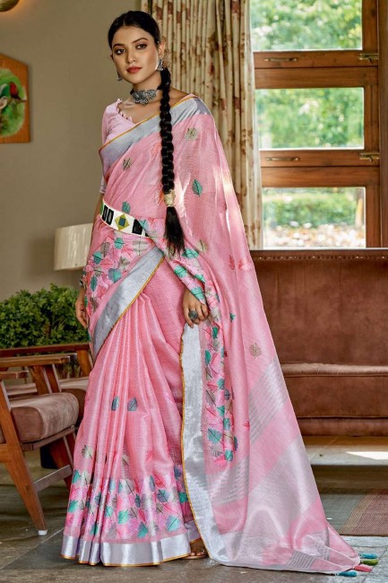 resham,embroidered,lace border linen sari in pink with blouse