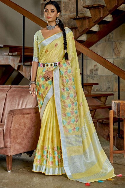 sari resham, brodé, bordé de dentelle en lin jaune
