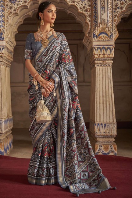sari gris en soie patola avec zari, imprimé, pierre avec moti