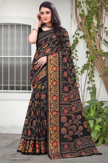 sari noir en coton imprimé avec chemisier