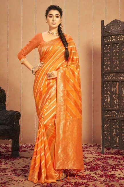 zari,tissage sari en coton Orange