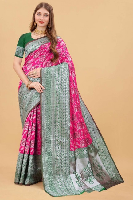 banarasi soie banarasi sari en rose avec zari, tissage