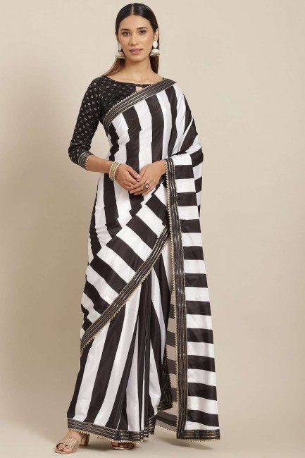 sari blanc en soie brodée et imprimée avec chemisier