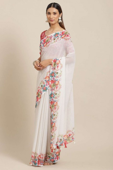 sari en georgette blanc cassé avec broderies, imprimés